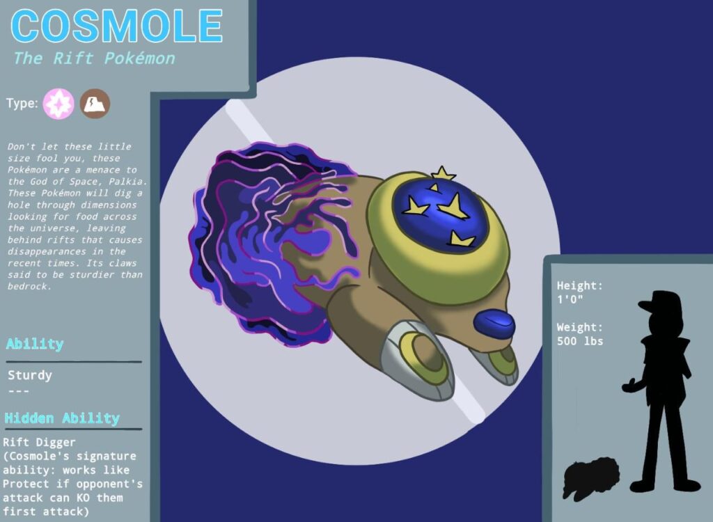 Hi, I'm Wolf. I am an artist who likes to make Fakemons. This is my first post here, here is Cosmole, the Rift Pokemon. Idea by u/Red_drinkkoolaid .