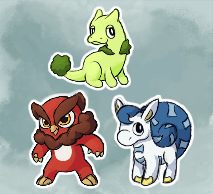 Starter trio for my DND inspired region: Lichlind, Browlber and Shoaltie!