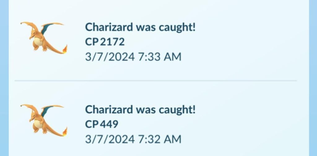 I caught 2 Charizards in a row from snapshots. Is it rare?