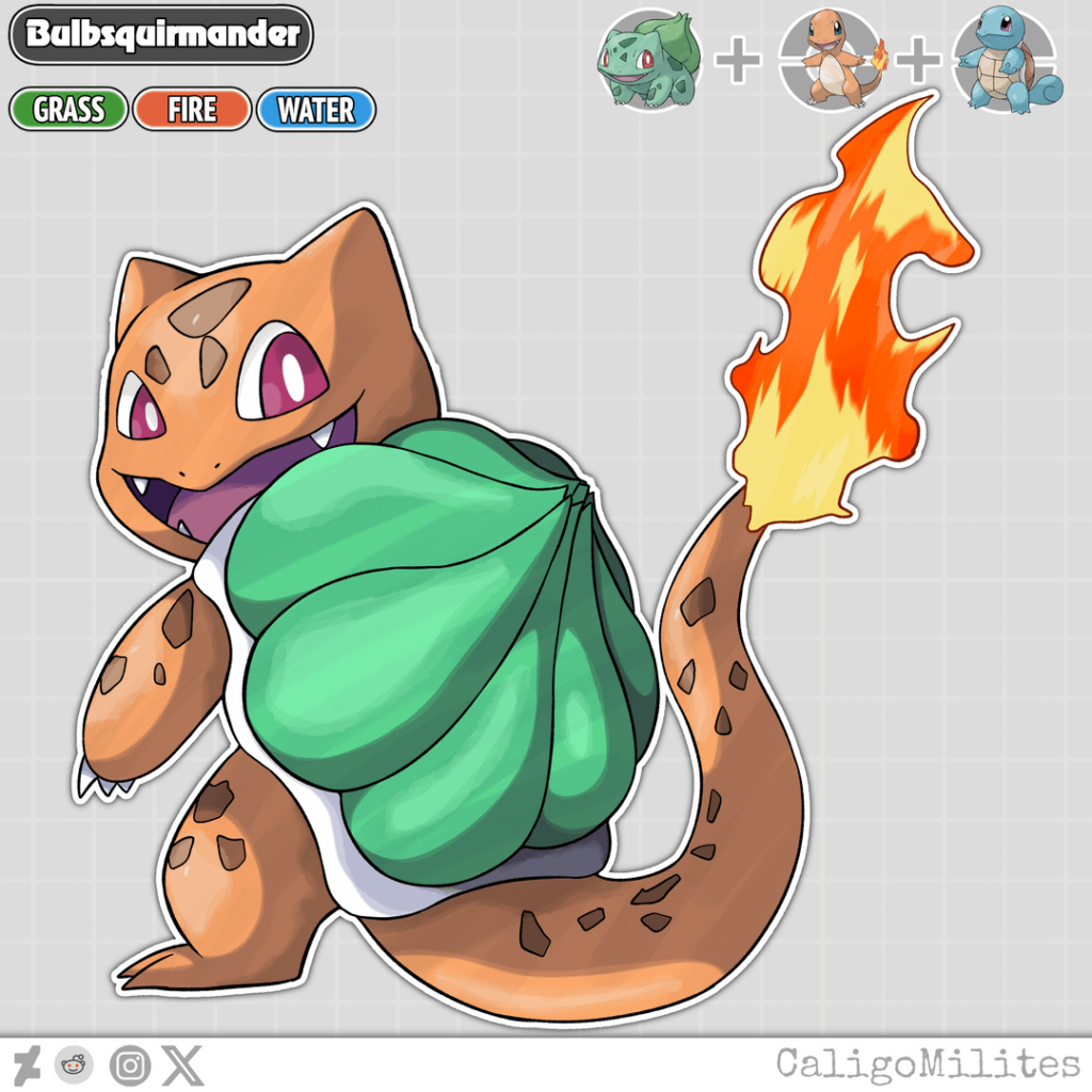 Charmander Bulbasaur and Squirtle Triple Pokemon Fusion Fakemon