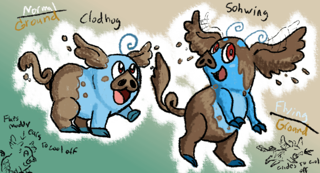 Made some more Fakemon. Two muddy pigs that use large ears of mud to cool off.