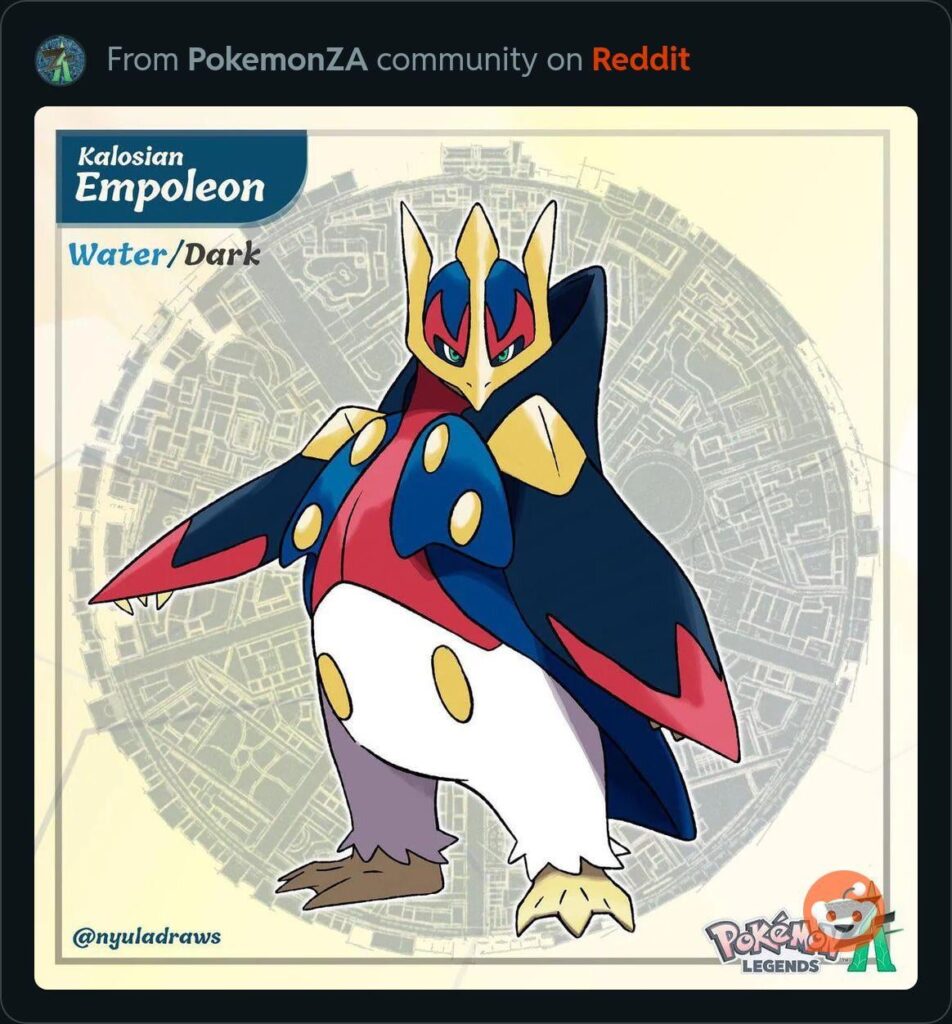 Need this for Pokémon Legends: Z-A, a Kalos variant of Empoleon (by NyulaDraws on X)