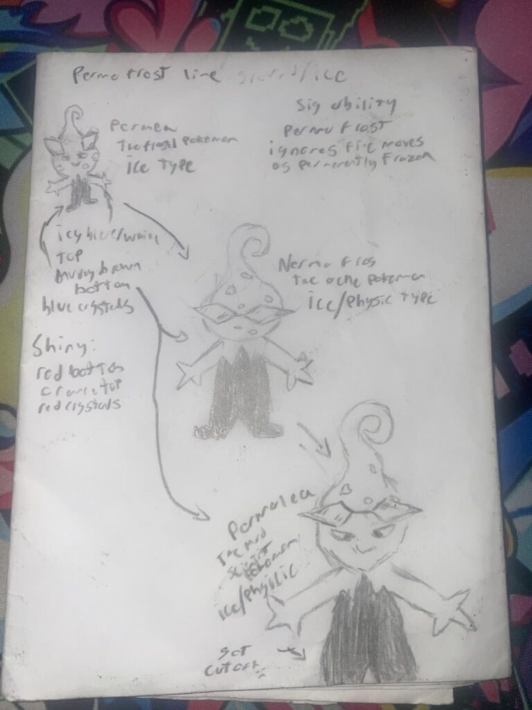 The permea line (permafrost pokemon) including two versions of concept art