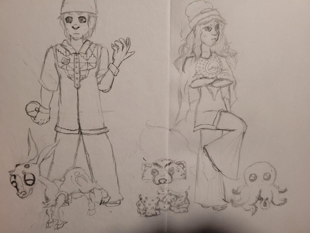 Rough draft for the player characters and starter Pokemon for my fan based region.