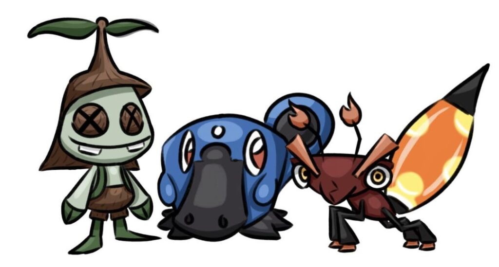 My fakemon starters: Eukid, Larvant and Platabong