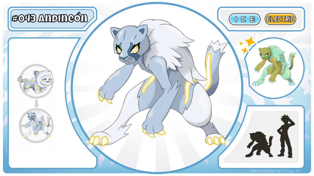 Chilean Pokedex - Andineón, a feline pokemon that lives in the snowy mountains of the A'hue Region that helps mountain climbers lost in blizzards by using its electric and luminous sections to indicate where to find shelter; inspired by the Puma