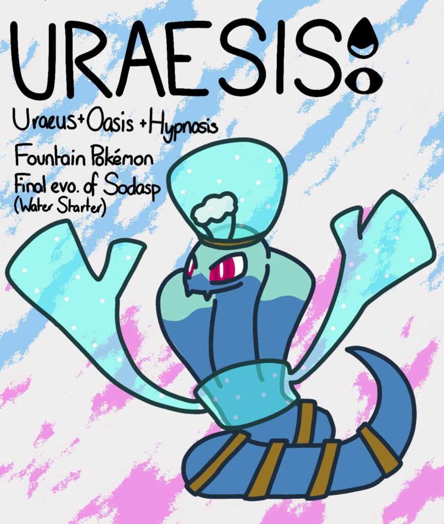 Here’s the final version of Uraesis, a Water/Psychic Starter Fakémon!