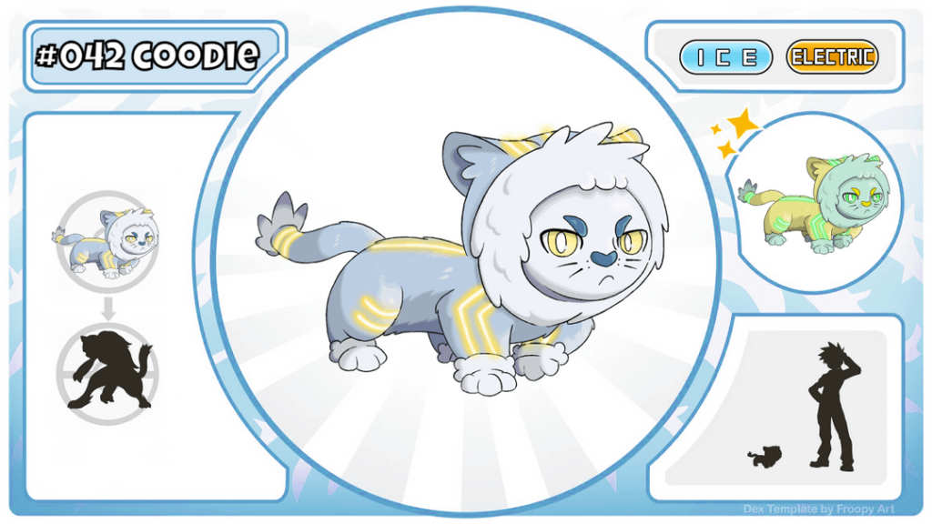 Chilean Pokedex - Coodie, a wild cat Pokémon that lives in the snowy mountain ranges of the A'hue Region, so it has developed extra fur to withstand the cold with luminous electric sections to be able to find each other in blizzards and at night; inspired by the Colo Colo Cat