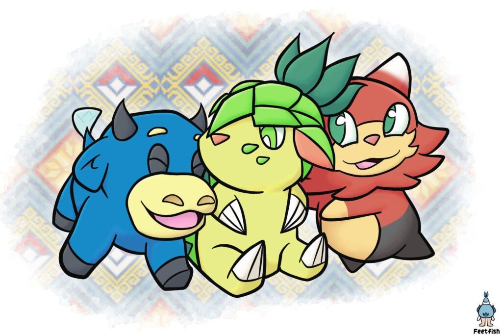 The starters of the Ibaro region: Kelplo, Paigolin and Bearst. This region is based around the Philippines.