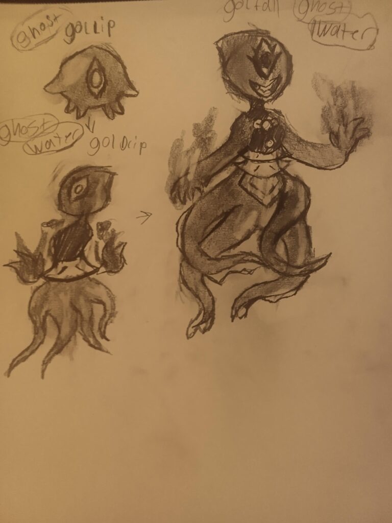 This is my first fakemon gollip,goldrip,golfall gollip is a ghost type. Goldrip is ghost and water and golfall is ghost and water.