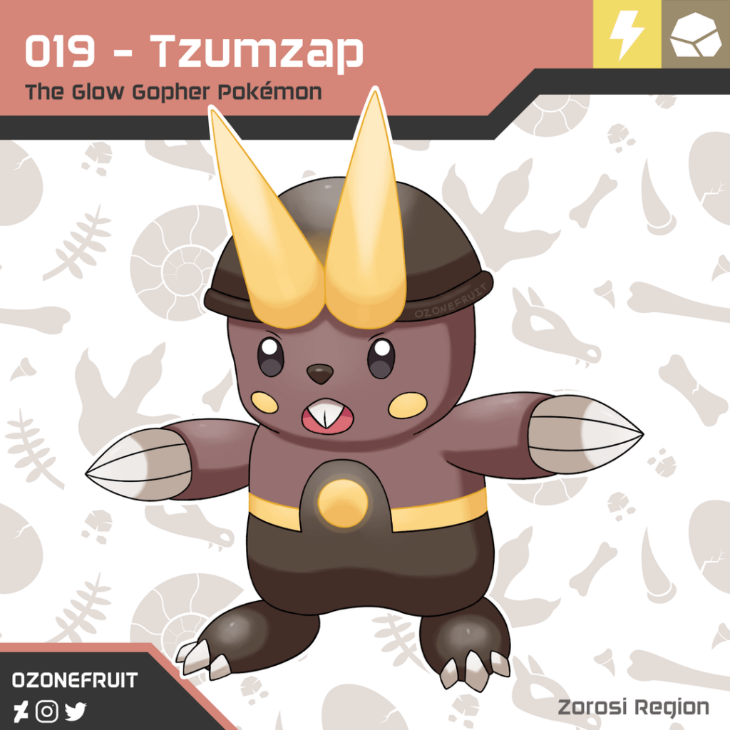 [OC] Meet the Pikaclone of my Fossil Region, Tzumzap! (Horned Gopher Fakemon, also known as Ceratogaulus!)