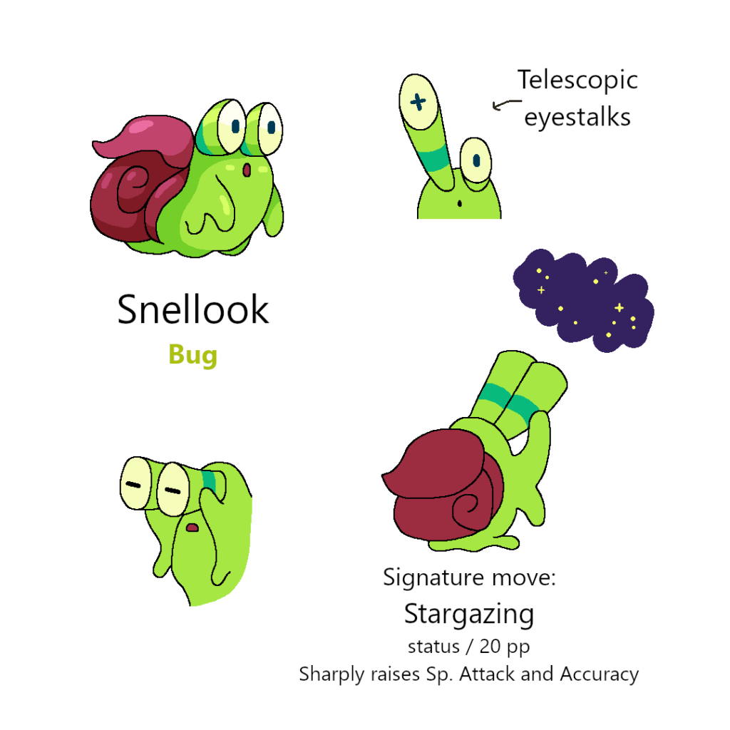 A Fakémon line inspired by snails and their retractable eyes: a little explorer with binocular eyes that evolves into an astronomical observatory!
