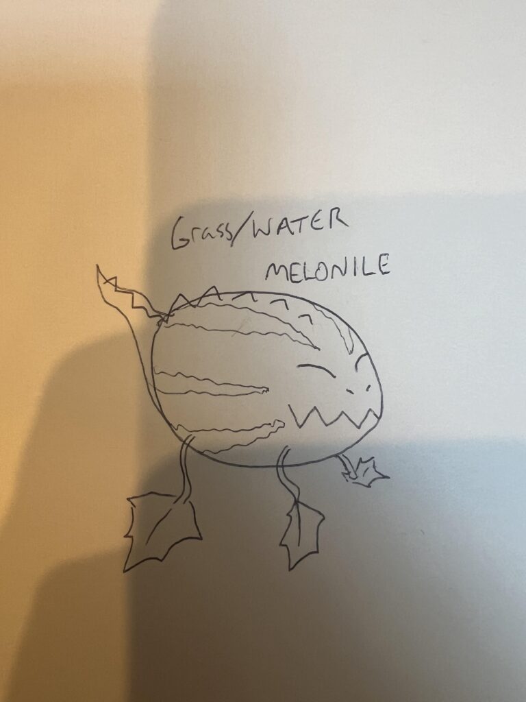 I bet it’s been done to death but I want to make an Egyptian region after the mon I came up with yesterday. This is Melonile, a watermelon crocodile