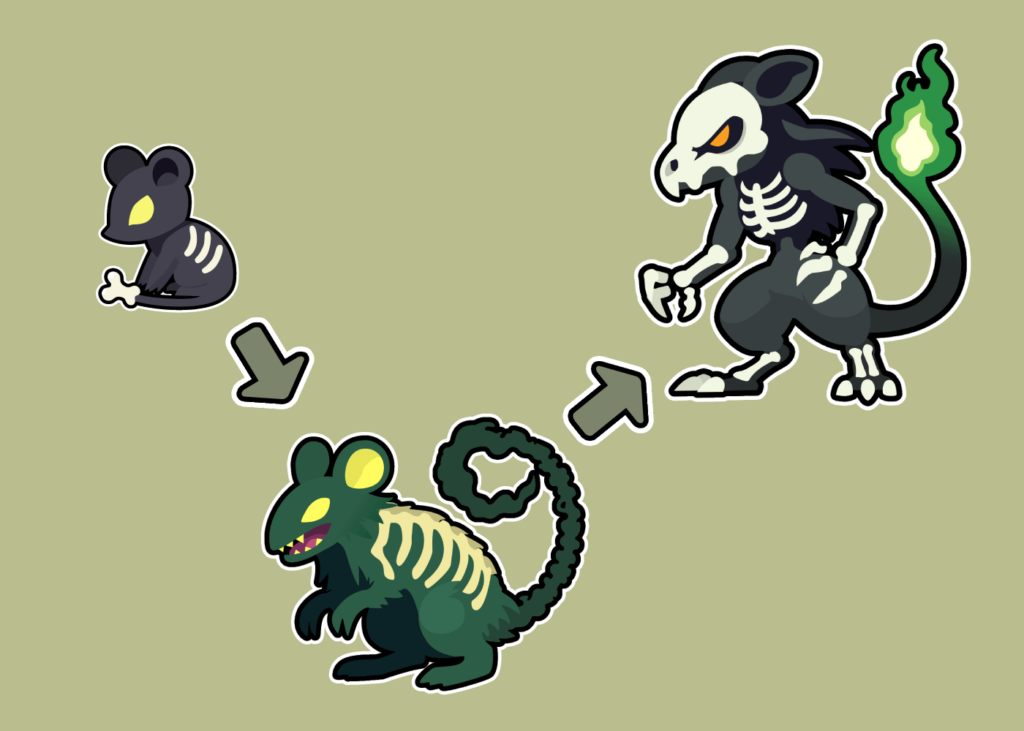 Some time ago I got a fakemon request (middle one). I decided to create a full evolution line from it. It would be a dark/ghost type.