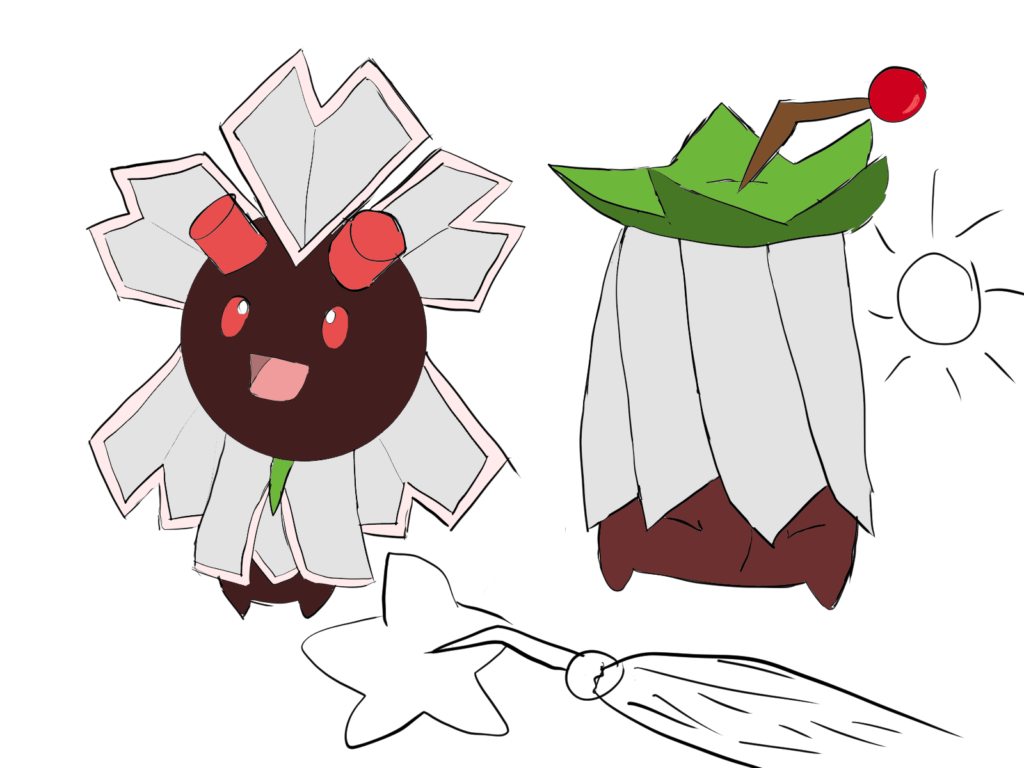 It'sa my cake day, and I want a cherry on it! Specifically, let's do a science experiment and make it a steel type! Grass/Steel regional variant of Cherrim! It stays blooming even at night!