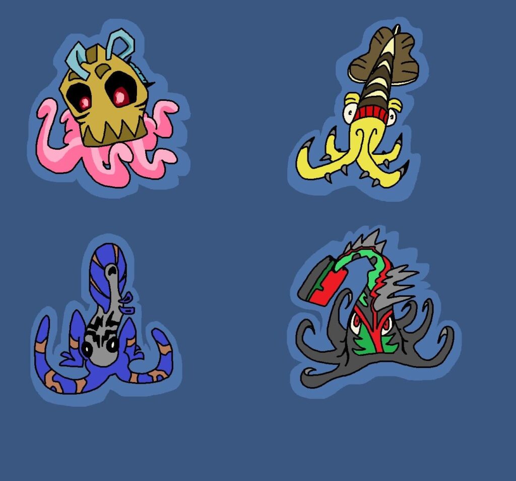 Octotic, Squiver, Squiflail and Octopater by CDBeetle58