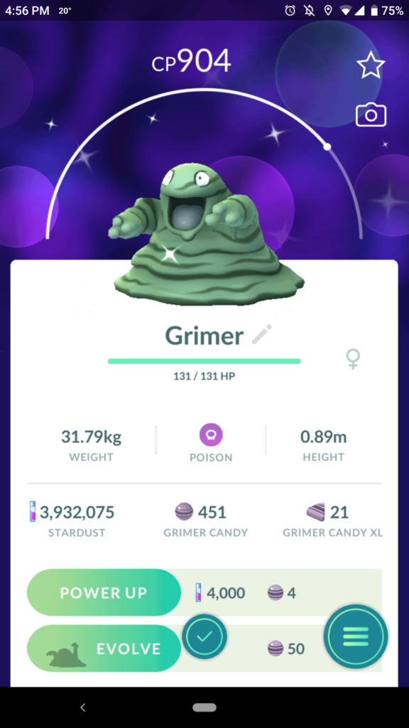 Let's step away from the clown show that is the avatars and talk about me finding this shiny with terrible stats but also being happy that I got a shiny. Got her during my final break at work.