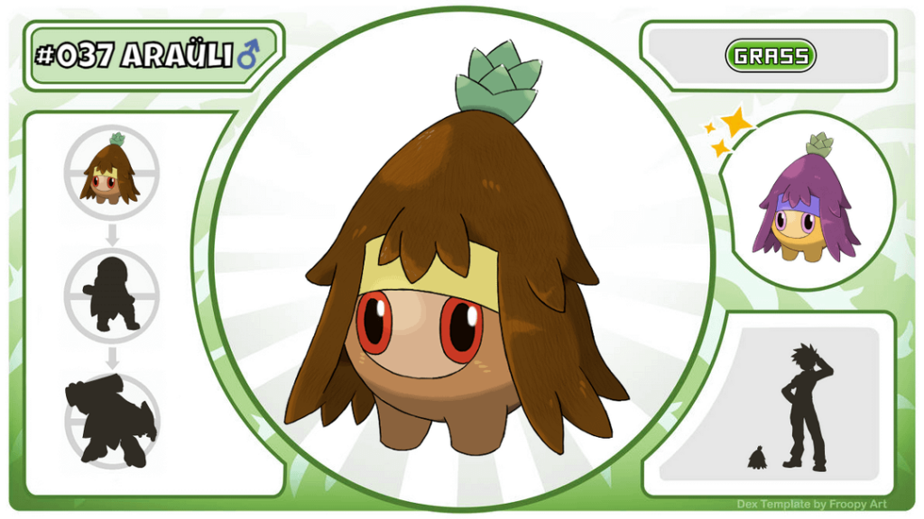 Chilean Pokedex - Another evolutionary line (perhaps the same) representing the Mapuche people: Araüliw ♂, inspired by the male pine nuts of the Araucaria; Arauñi, inspired by young Mapuches and Arautoki, inspired by Caupolicán, War Chief of the Mapuche.