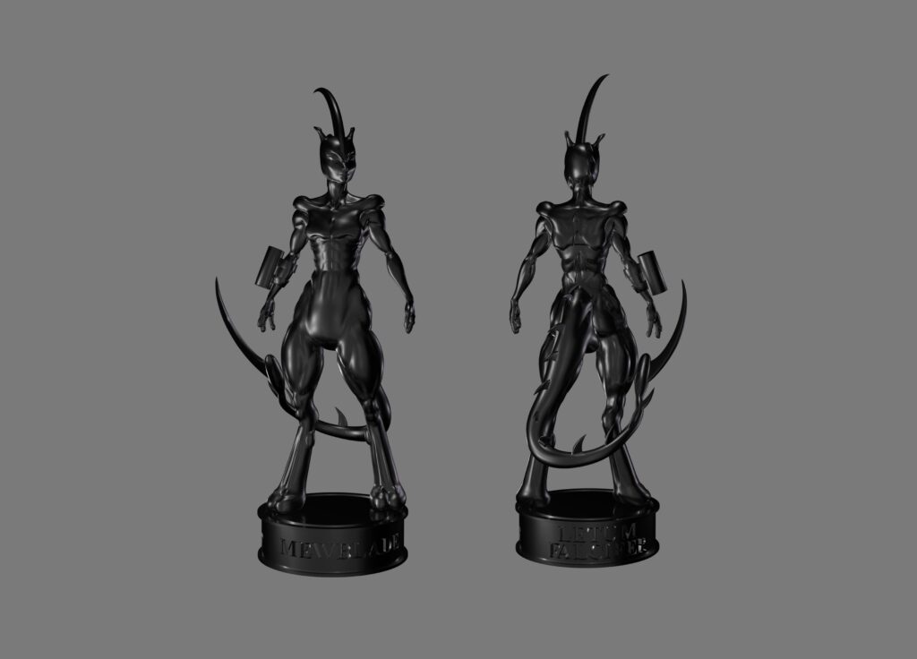 [OC] I like my Fakemon Mewthree (Mewblade) a little too much. 3D model, and planning to get a few of these printed out in different sizes. So many edges...