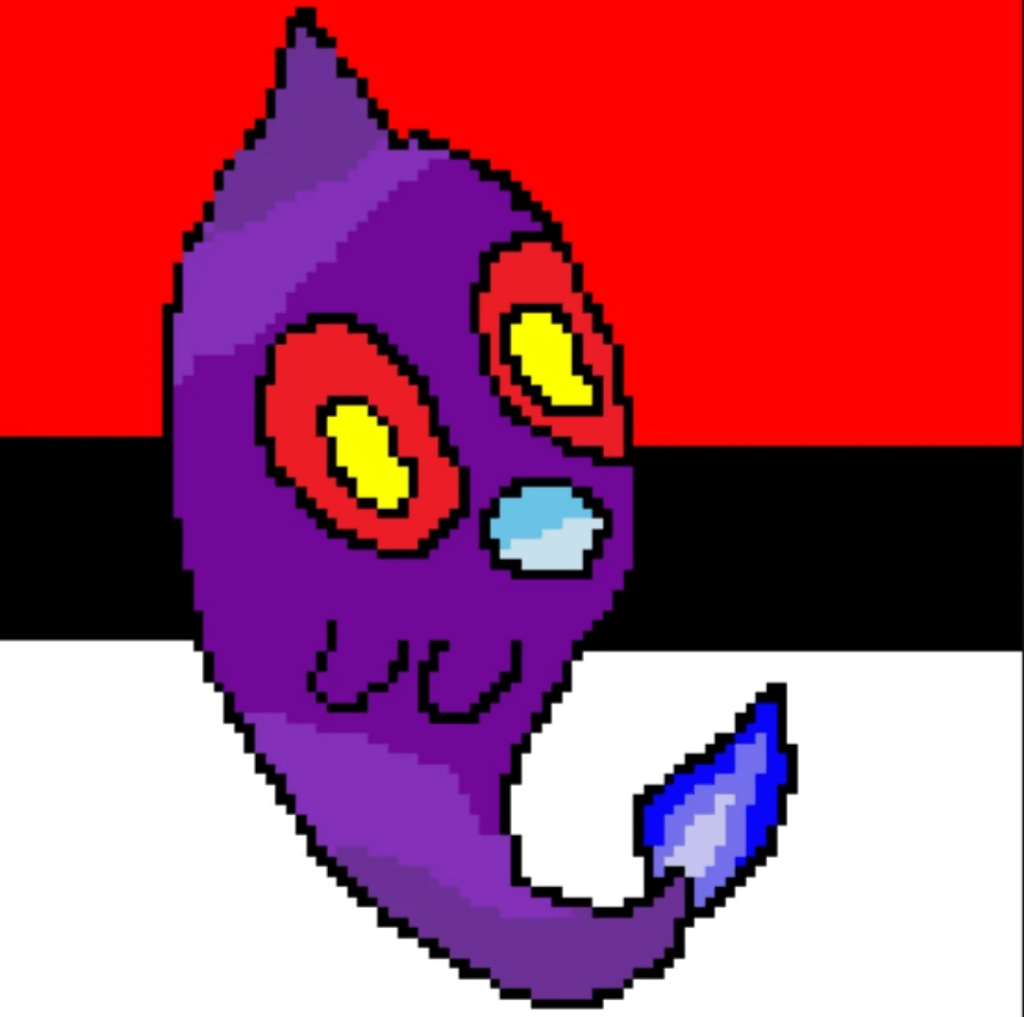 I made this dude a while back.His name is Flisp and it's a Fire/Ghost fakemon.I didn't based it on anything(I think) I was just messing around with some pixel art maker.