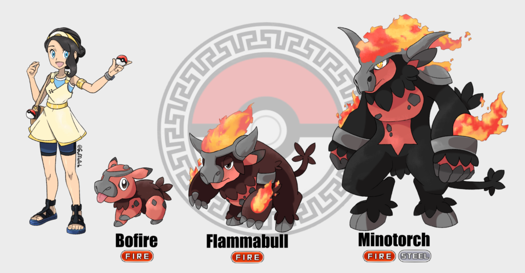I wanted to re-design my fire starter for my Fakémon Greece Region! Along with the female protagonist design.