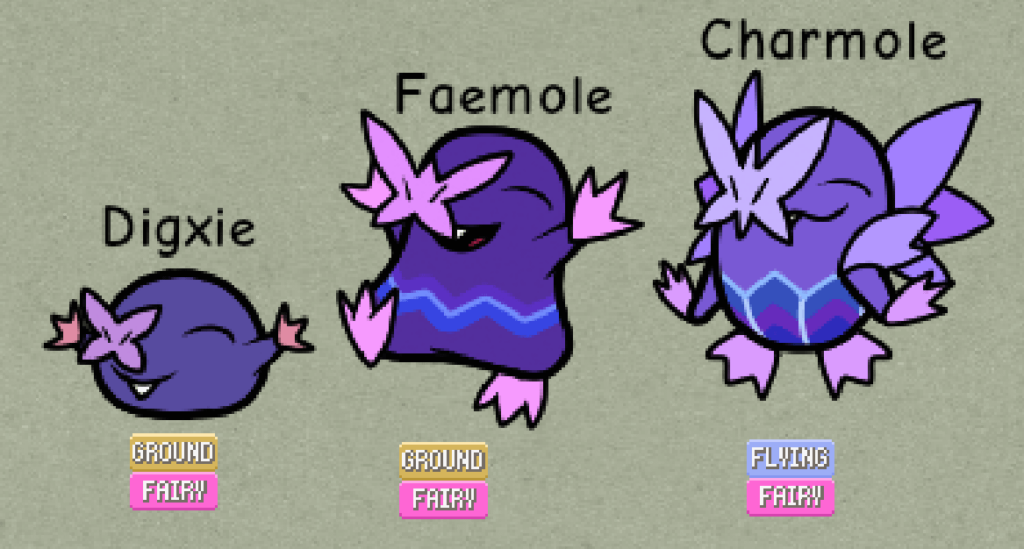 Fakemon Concept: Digxie, Faemole & Charmole