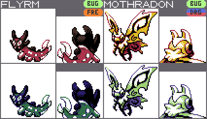 Flyrm and Mothradon, totally not Mothra Pokemon.