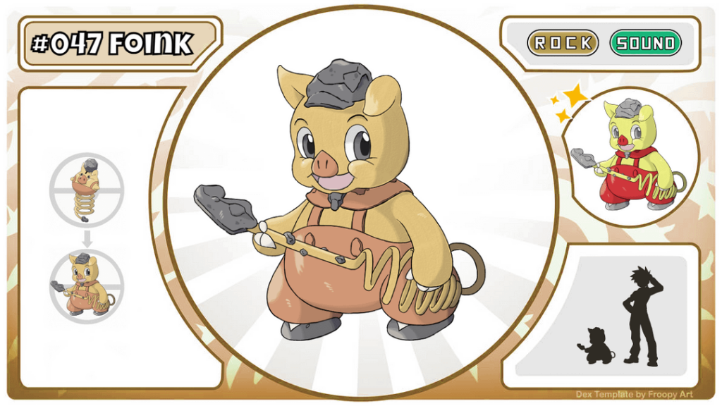 Chilean Pokedex - Foink! inspired by the mascot of the Chilean funk group Chancho en PIEDRA, which literally translates to Pig in Stone. Another type of sound to make the mons of the A'hue Region dance
