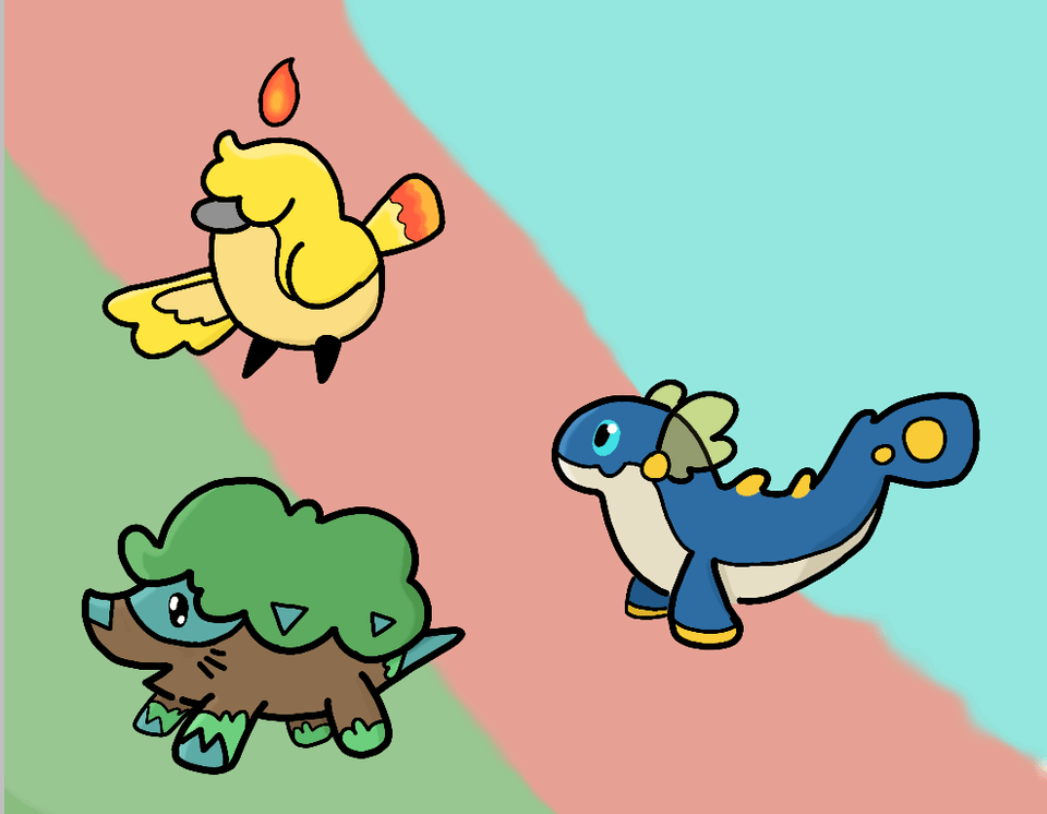 Some Fakémon starters + shiny variations (colnary) (molss) (shorchir)