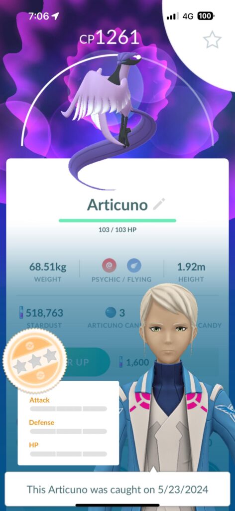 my first articuno is also my first 0% mon