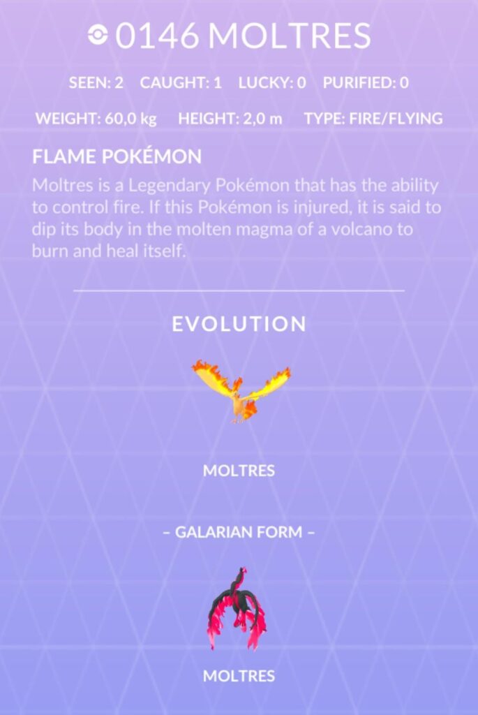 Guess I got lucky. Catched the second galarian Moltres I’ve ever encountered.