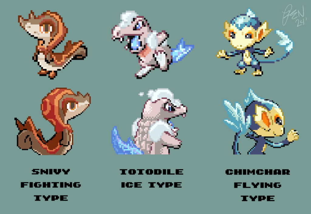 Made some sprites for my regional starters! OC