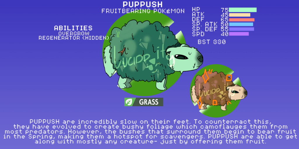 Puppush, the Fruitbearing Pokémon, and FINAL starter of the Tropp'ae Region!
