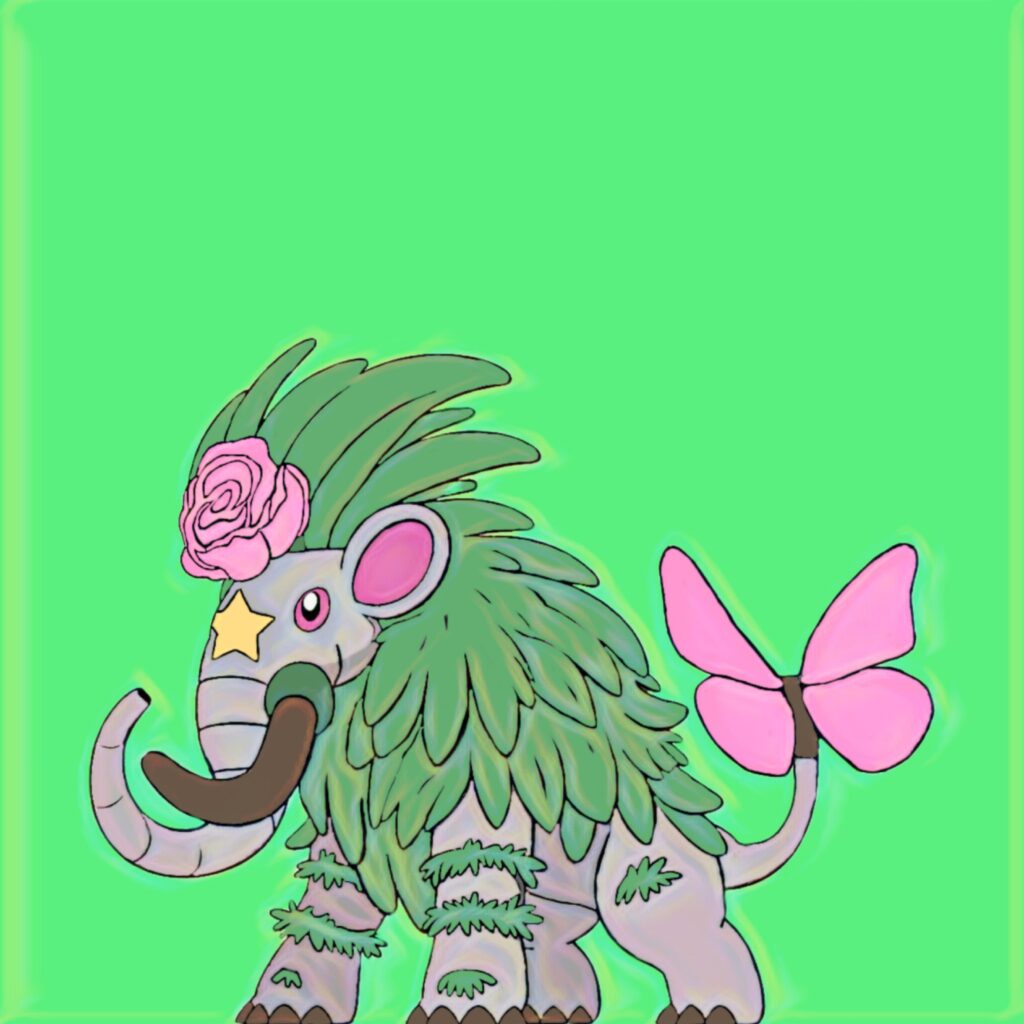 The final evolution for my grass starter. Mastodaunt. It's a grass/fairy type. Herds of them have the ability to grow entire forests in baron lands. They're even known to reclaim populated cities with vegetation. 🍃🐘🌸