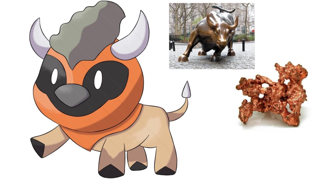 A Bull fakemon, based on the Wall Street bull and copper