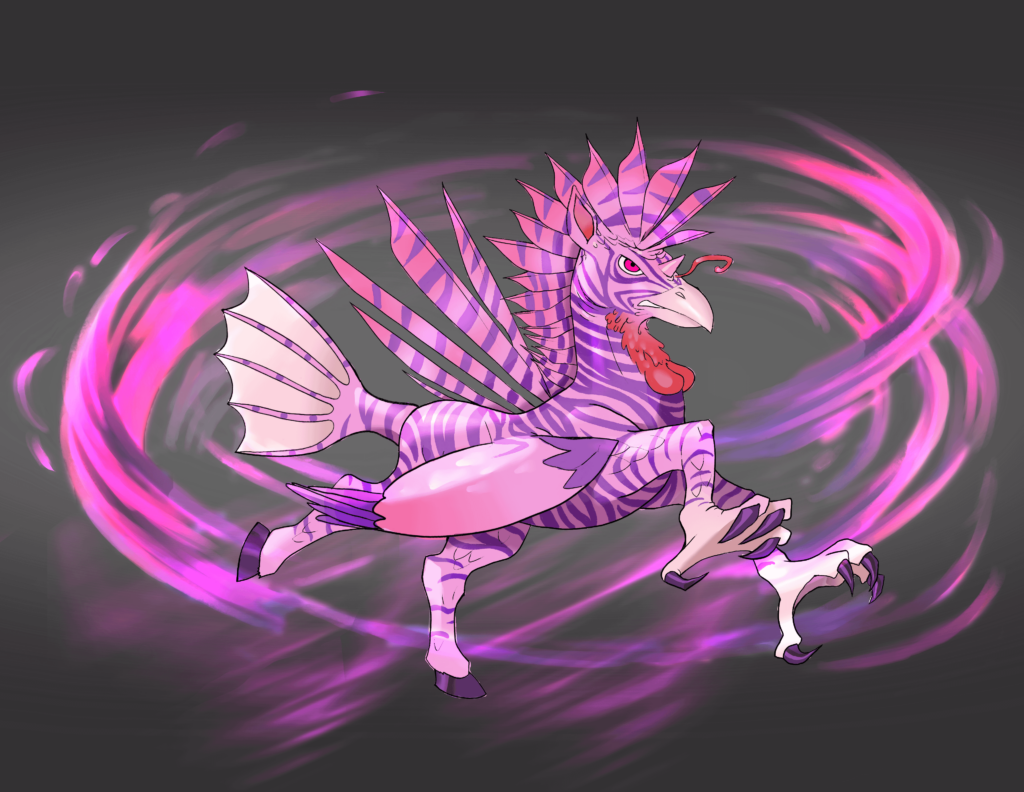 Gobbledygroove, the Versatility Pokemon (designed by Crishzi, posted with consent). A Poison-Fairy Type based on the literal interpretation of the zebra turkeyfish.