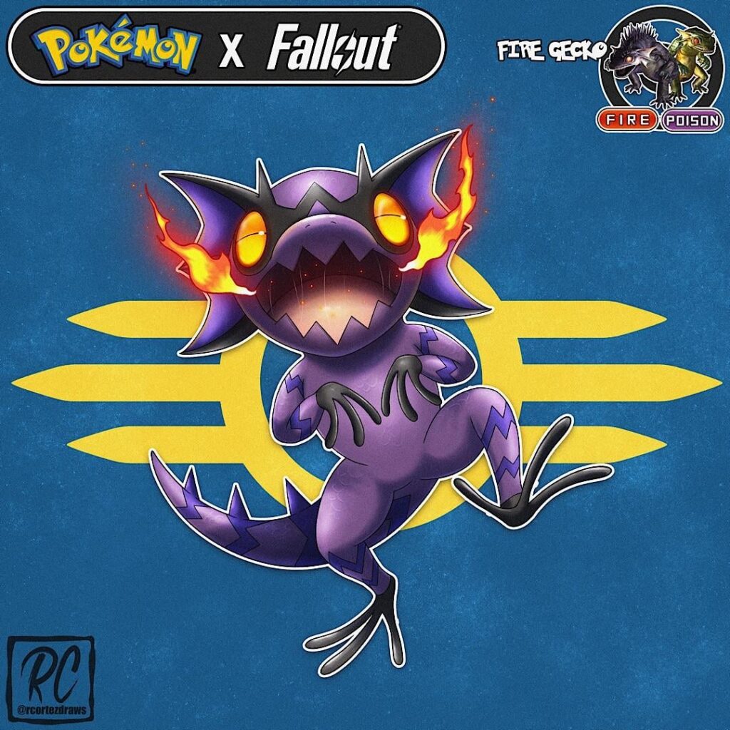 Fallout gecko as a Pokemon, swipe for previous creatures