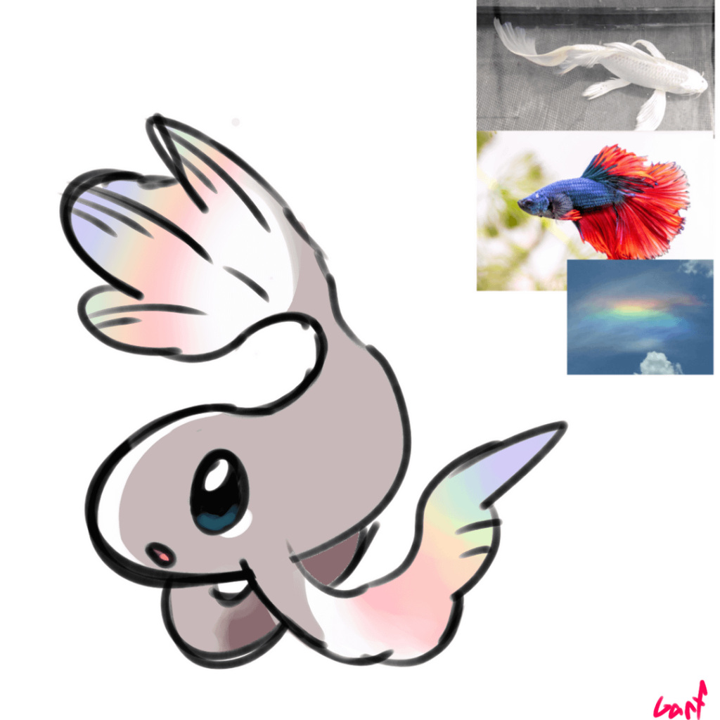A fish fakemon, based off rainbow iridescence (a rare phenomenon), a platinum butterfly koi, the rainbow fish, and a betta fish.