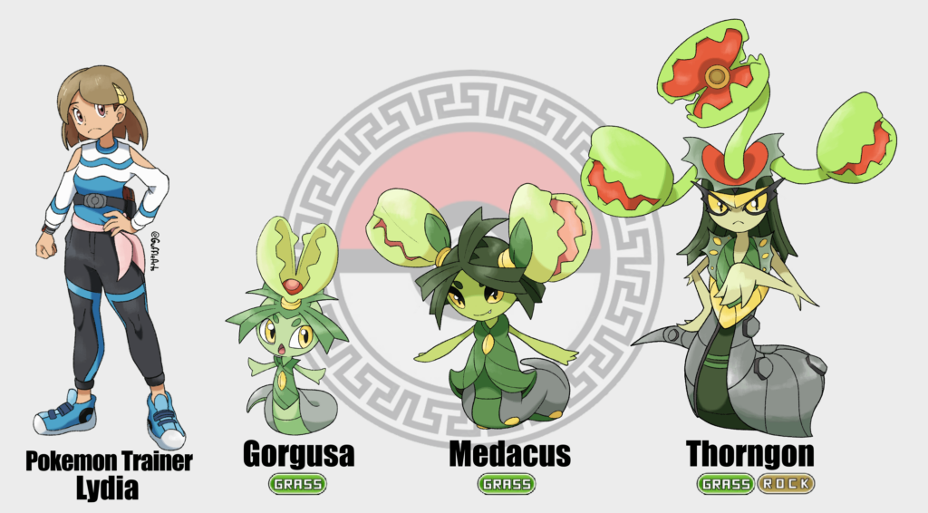 Part 3 Design of my grass starter for my Fakémon Greece Region! Along with the Rival design. Lydia is the younger sister of the Pokémon Professor!