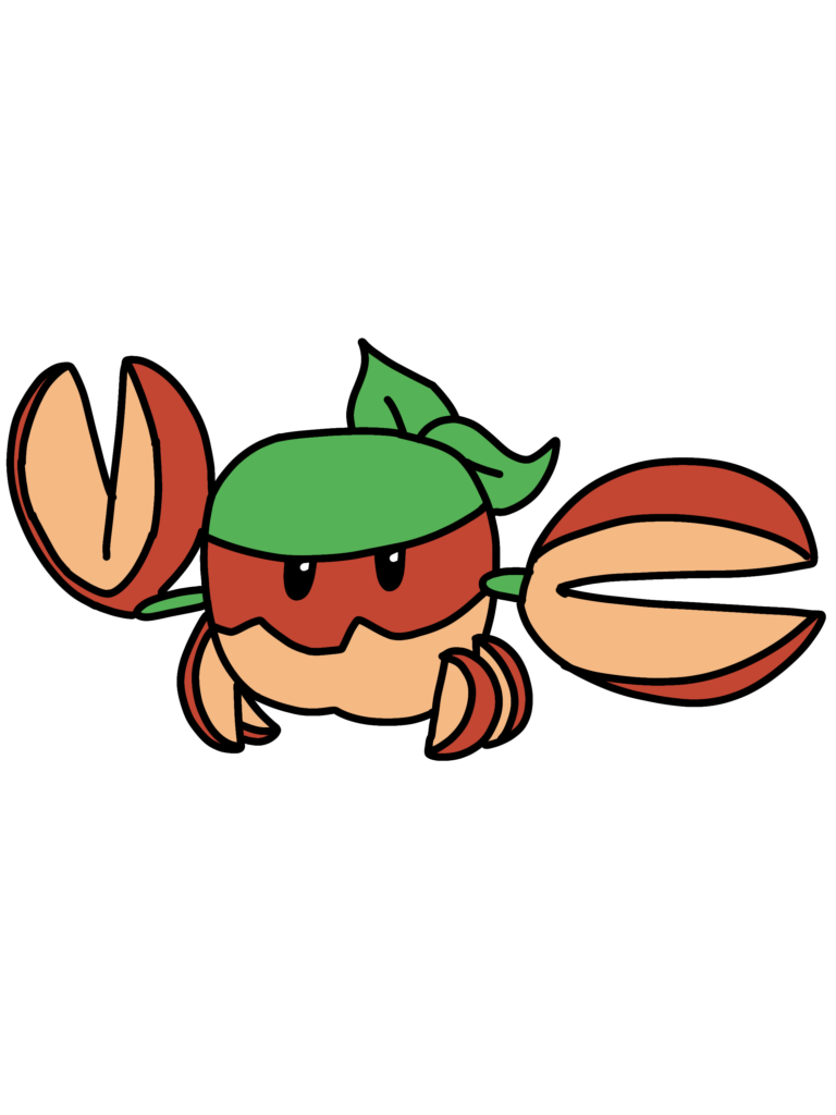Crabble is an aggressive apple-like pokemon found on stony shores. It often must fend off Applin that try to penetrate its shell and access its sweet interior. (OC)