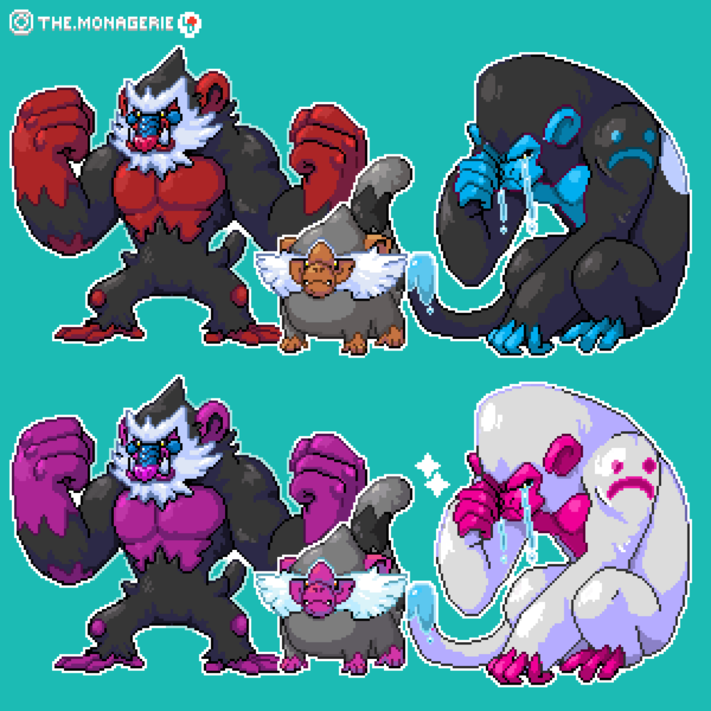 Been working on some monkey Fakemon based on emotions. The little guy is Stoeek,Infuripae and Despondape are 2 evolutions I've done so far. Let me know what you think
