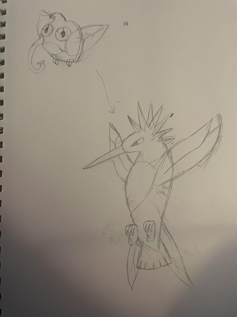 Rough sketch of a grass type hummingbird based fakemon. Name suggestions for the stages for each stage are welcome