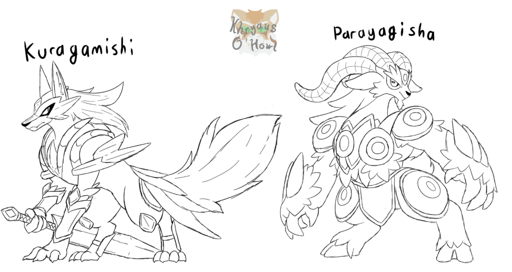 Originally intended to make pseudo-legendaries, became box legendaries instead. Kuragamishi and Parayagisha. Might finish them in the future.