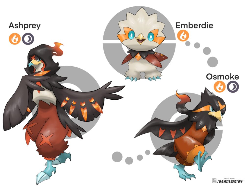 Finally able to overcome my laziness and was able to finish all my starter pokemon art. This is the last set, a fire starter line based on Ospreys and assassins. What do you guys think?