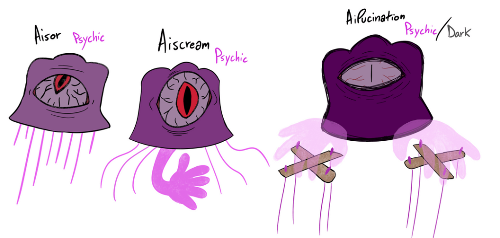 My fakemon don't look like pokemon at all! But they're my children and i love them . The names are kind of stupid? So are the designs tbf. And the drawings are mid. Actually i don't know why im uploading this. The, typings are cool. Yeah.