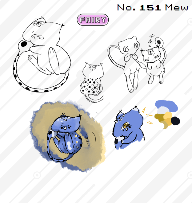 A regional Mew! A pure fairy type, this mew sucks on it's tail all day, like a little baby, and is smaller and more stubby than normal Mew. (More info in the comments)