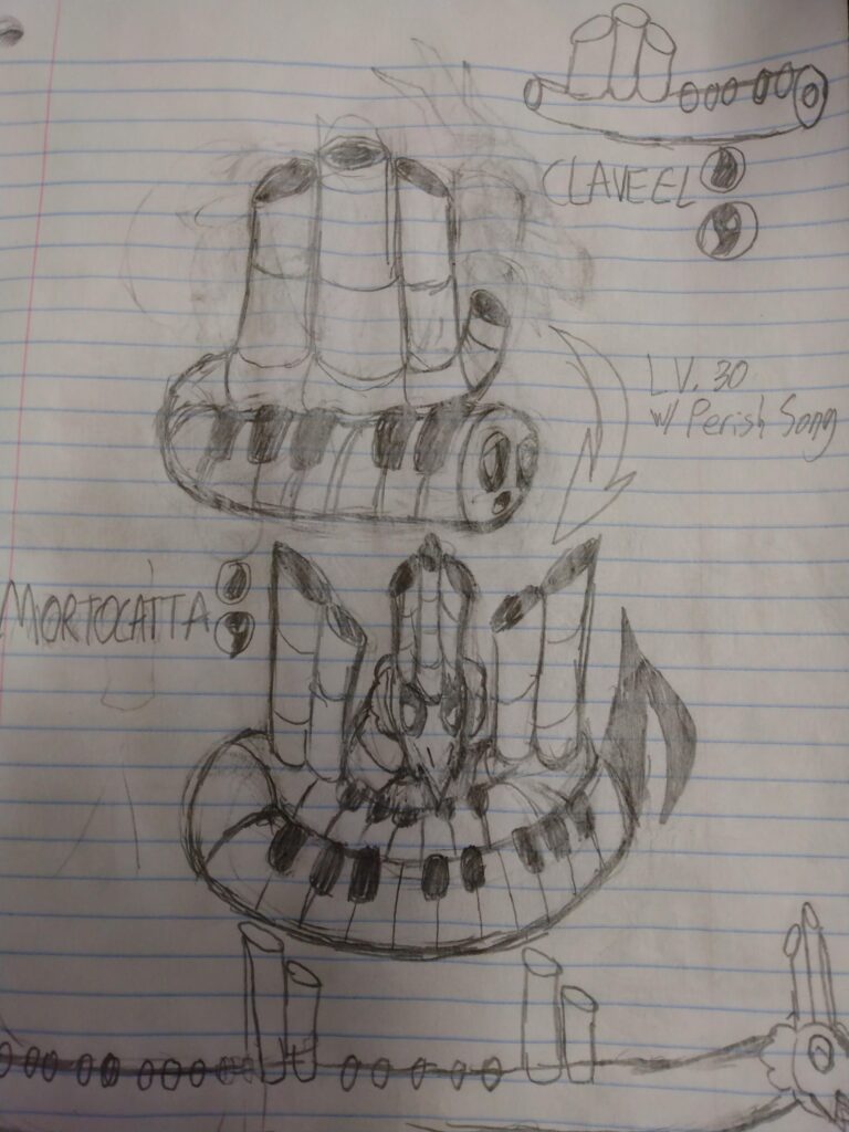 I drew a fakemon that my friend came up with! Meet Claveel, the Tube Pokemon, and Mortocatta, the Organ Pokemon!