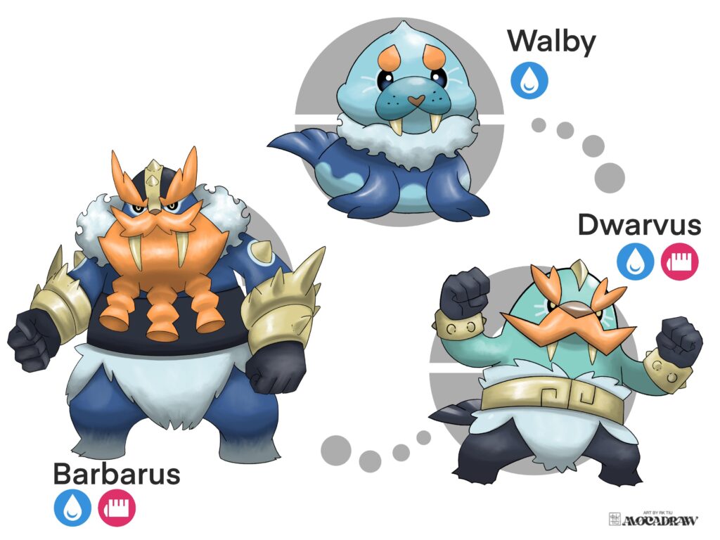 My Viking-Walrus inspired water type starter! What do you guys think? I haven’t had any dex entry for them since I am no good in writing. I am also thinking of “walrus punch” as their signature move.