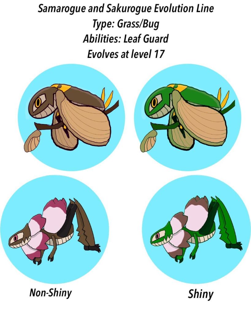 I know that a Samara and a Sakura Fakemon aren’t original, but I thought I’d have a crack at it. Introducing Samarogue and Sakurogue