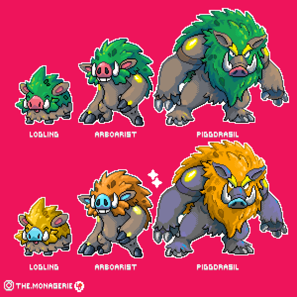 Logling, Arboarist and Piggdrasil - My take on a grass starter line